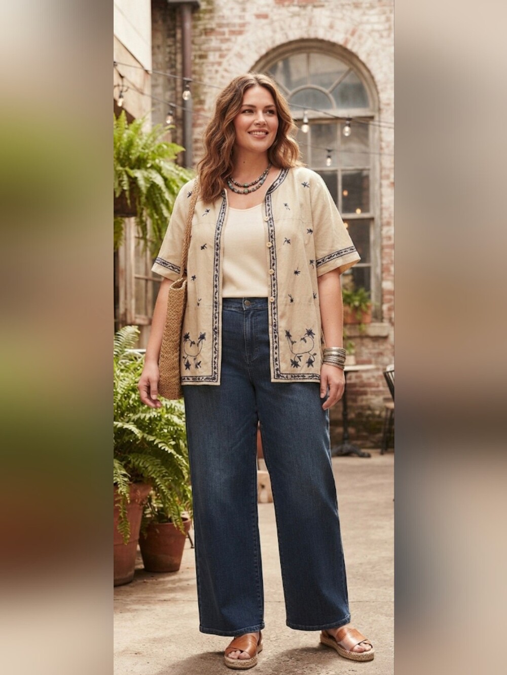 Vintage Dressbarn Woman Silk Linen Blend Embroidered Plus Size 20W Boho Top